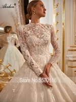 Alonlivn Luxury Crystal High Collar Full Sleeves Ball Gown Wedding Dresses Beading Pearls Lace Royal Train Bridal Gowns 4