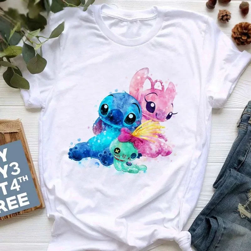 thumbnail image 1 of Camiseta Kawaii stitch para mujer, Tops de verano, camisetas con estampado de corazón de dibujos animados, camiseta de Anime, ropa para mujer, 1 of 5