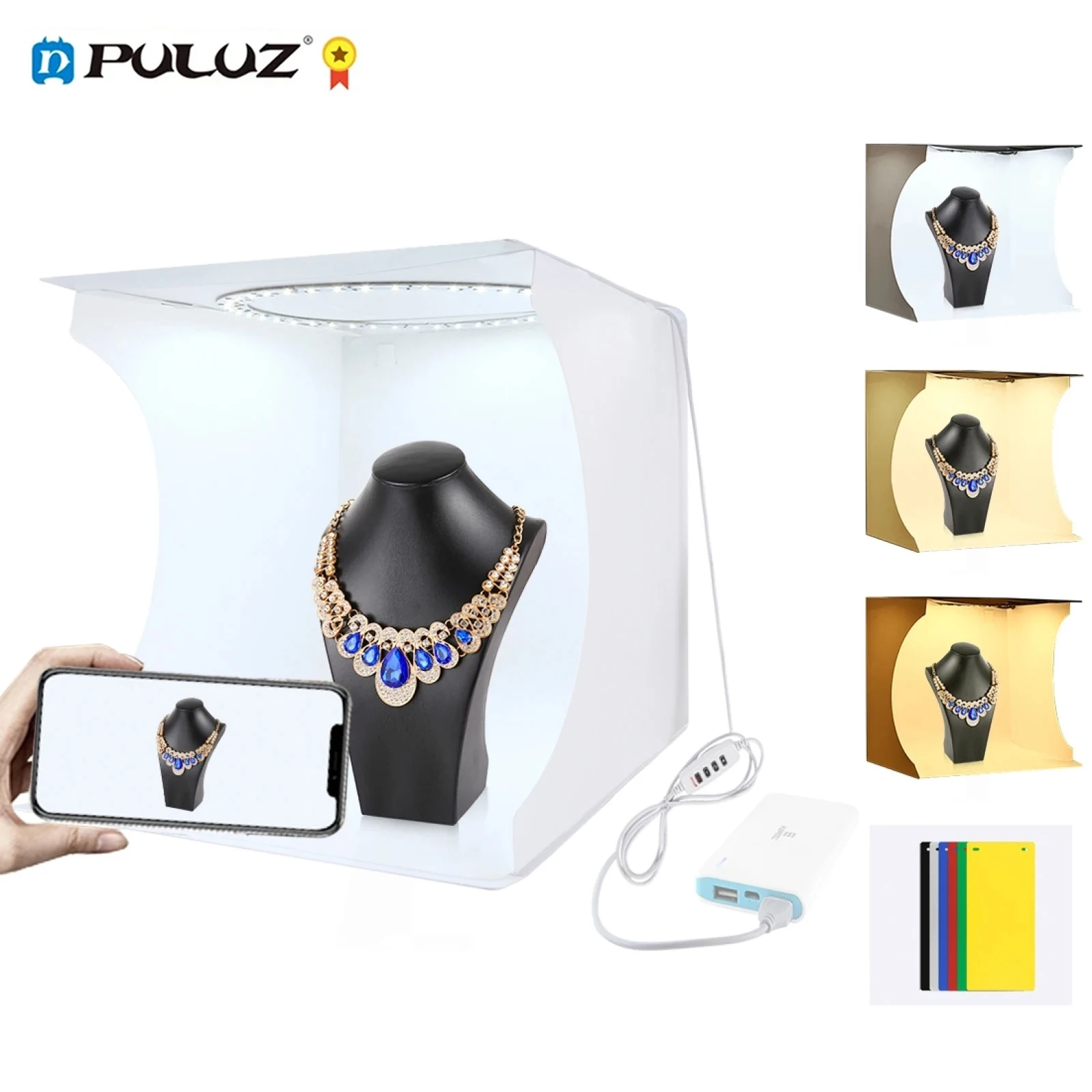 PULUZ Photo Studio Box,Folding Portable Photography Lightbox,Ring LED Light Studio Shooting Tent Box Kits With 6 Colors Backdrop