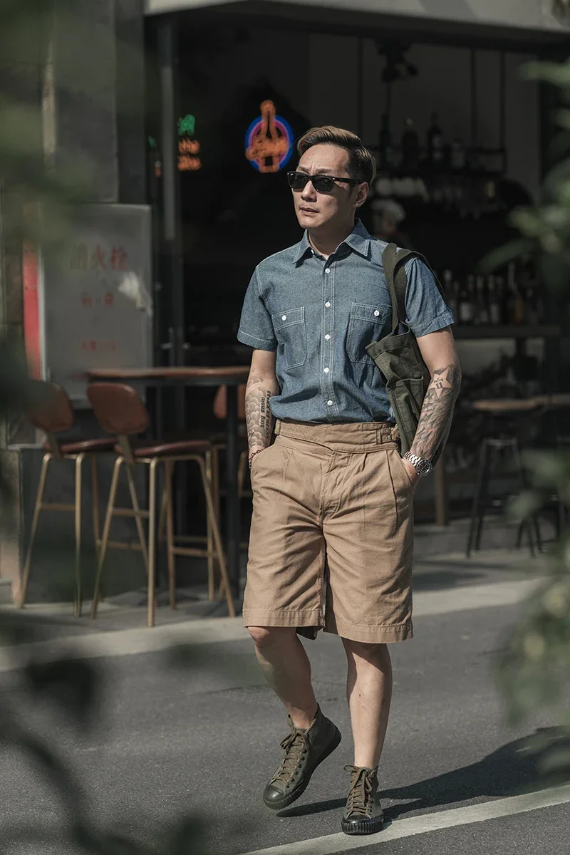 NON STOCK Summer Chambray Short Sleeve Shirt Light Blue Men's Casual Work Shirt 6