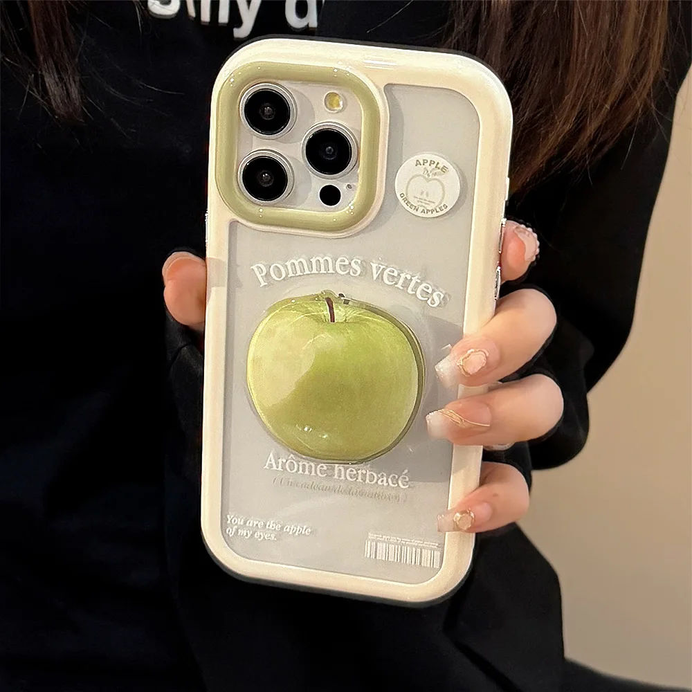 Korean Cartoon Green Apple Peach Magnetic Phone Case - Clear Shockproof Cover