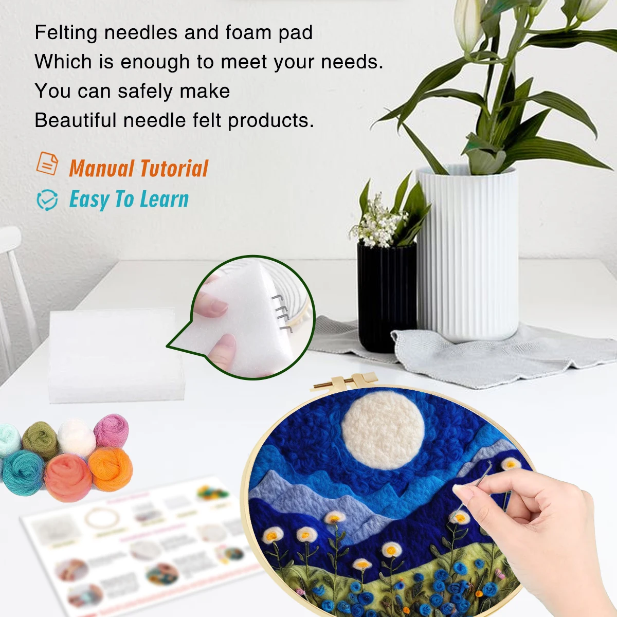 CHENISTORY Painting DIY Wool Embroidery With Frame Blue Scenery Creative Needle Felt Picture Kit For Beginners DIY Handicraft