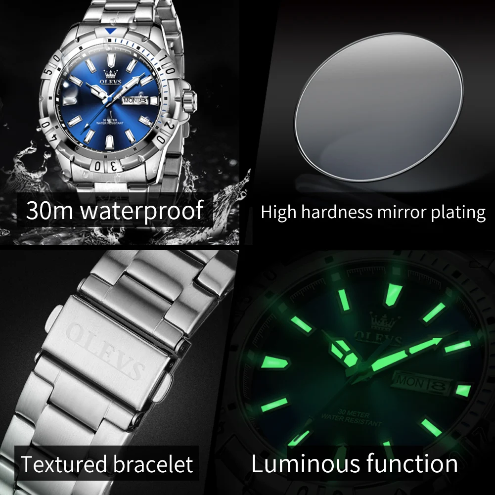 OLEVS Brand 2023 New Fashion Blue Quartz Watch for Men Stainless Steel Waterproof Luminous Dial Mens Watches Relogio Masculino