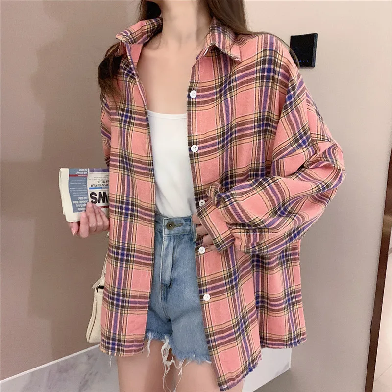 

Розовые клетчатые рубашки и топы для женщин, уличная одежда, клетчатый Повседневный Топ с длинным рукавом, однобортная женская рубашка оверсайз