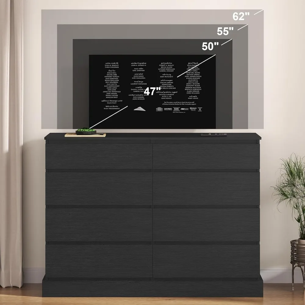 Black Dresser for Bedroom, Long Dresser with 8 Drawers, 51.5''W Wooden Dresser Chest of 8 Drawers, Clothing Storage Cabinet