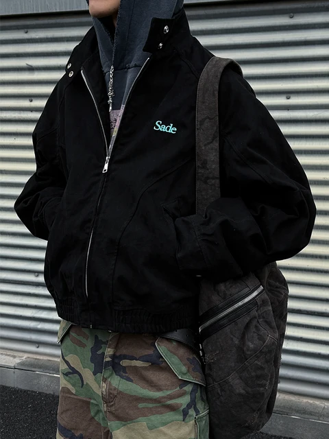 Mens American Work Jacket Premium Washed Vintage Spring Fall Korean Fashion Embroidered Stand Collar Trendy Casual Coat Male 2