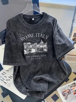Vintage Washed Rome Italy The Eternal City Print T-shirt, Casual Loose Round Neck Short Sleeve Cotton Tee, Retro Graphic Top 1