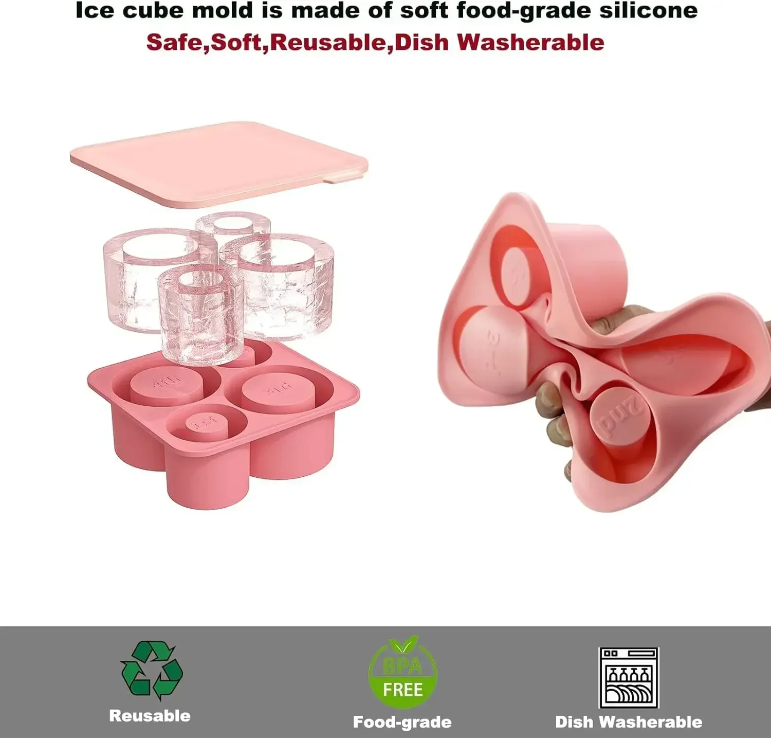 Ice Cube Tray Mold for Tumbler Stanley Cup Silicone Cylinder Ice Cube Maker Mold with Lid For 20oz 30oz 40oz ice mold