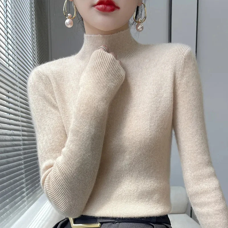 

Autumn Winter New Thick Knitted Sweater Women Fashion Korean Half Turtleneck Long Sleeve Sweater Female Warm Jumper