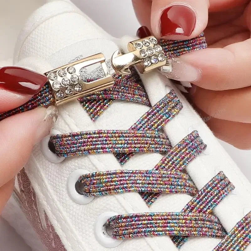 1 Pair Rhinestone Buckle Elastic No Tie Shoelaces Candy Colors Shoe Laces Suitable for Sneakers and Sports Shoes Flat Shoelace