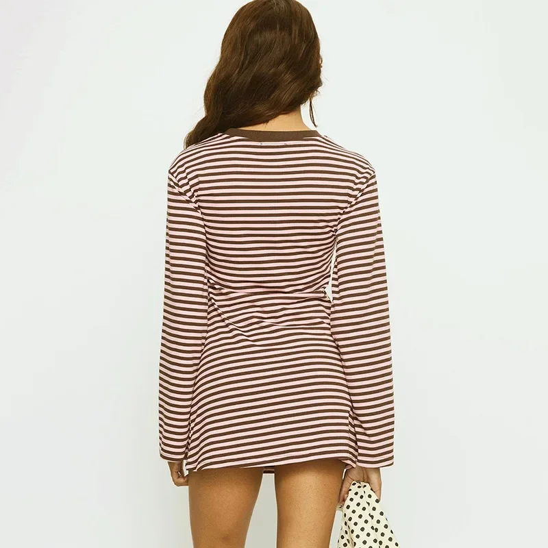 New Women's Crew Neck Long Sleeve Mini Dress Fashionable Spring and Autumn Casual Stripe Contrast Loose A-Line Pendulum Dress