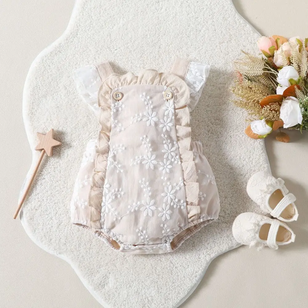 

0-12M Baby Girls Rompers Lace Embroidery Buttons Frills Fly Sleeve Infant Summer Clothes Jumpsuits
