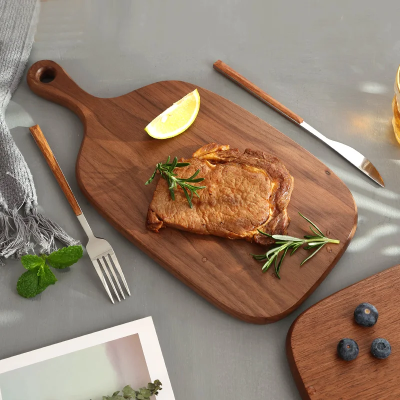 Japanese Wooden Cutlery and Plates Black Walnut Solid Wood Pizza Plate Kitchen Dining Plate Set Wooden Steak
