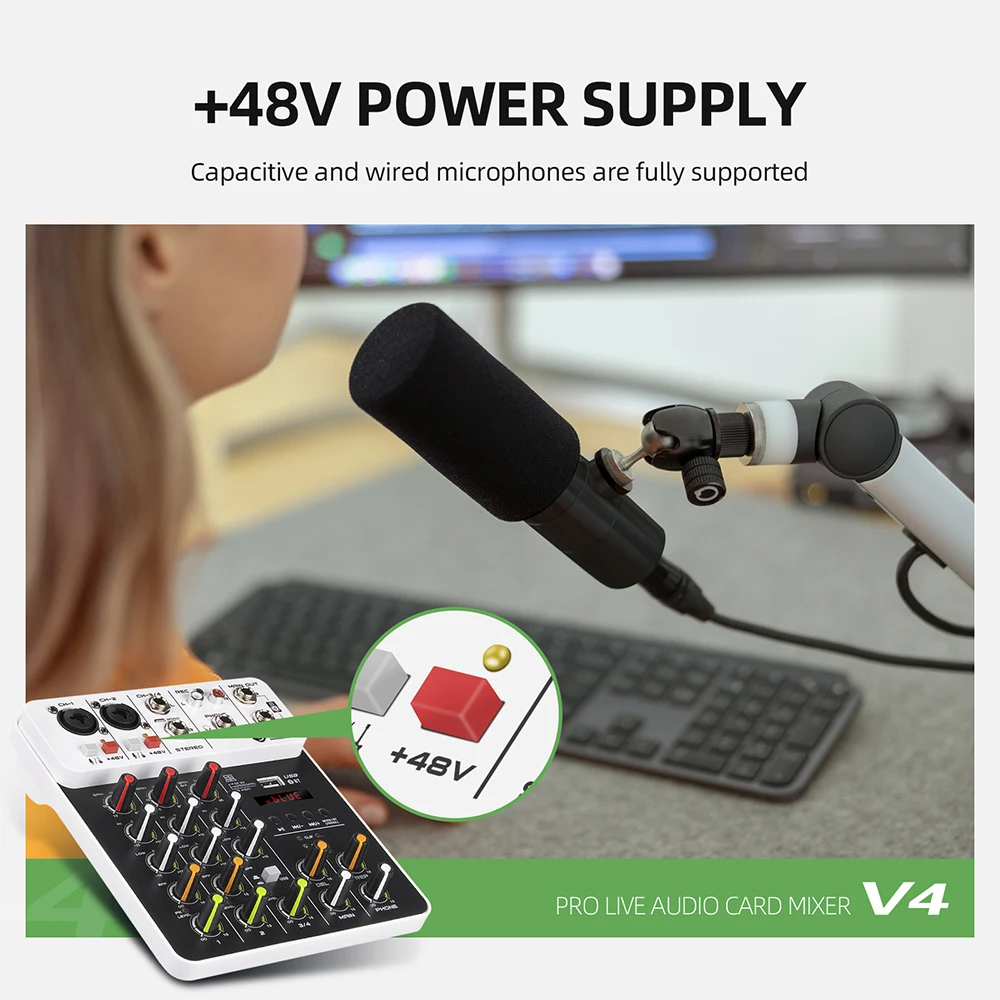 V4 Audio Interface Mixing Console Bluetooth USB Record PC 48V Phantom Power Delay Repaeat Effect 4 Channels USB Audio Mixer.