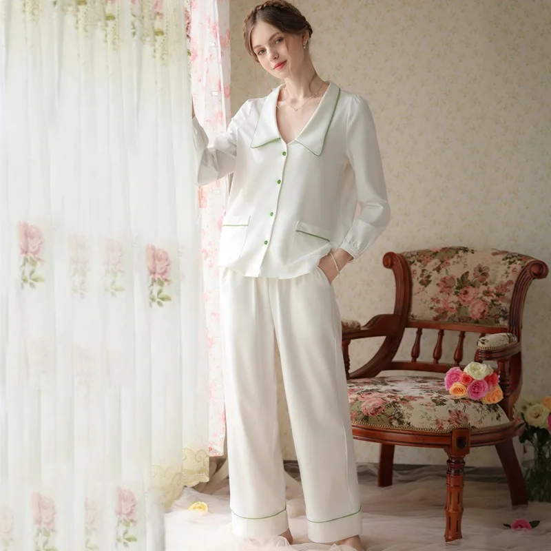 

2pcs Pajamas for Women Spring Solid Long Sleeve Single Breasted Laple Cardigan with Pocket Trousers Loose Women's Sleepwear Pjs