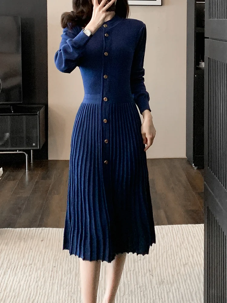 

High Quality Round Neck Long Sleeved Knitted Skirt Slimming And Slimming 2023 Autumn New Fashion Women'S Clothing
