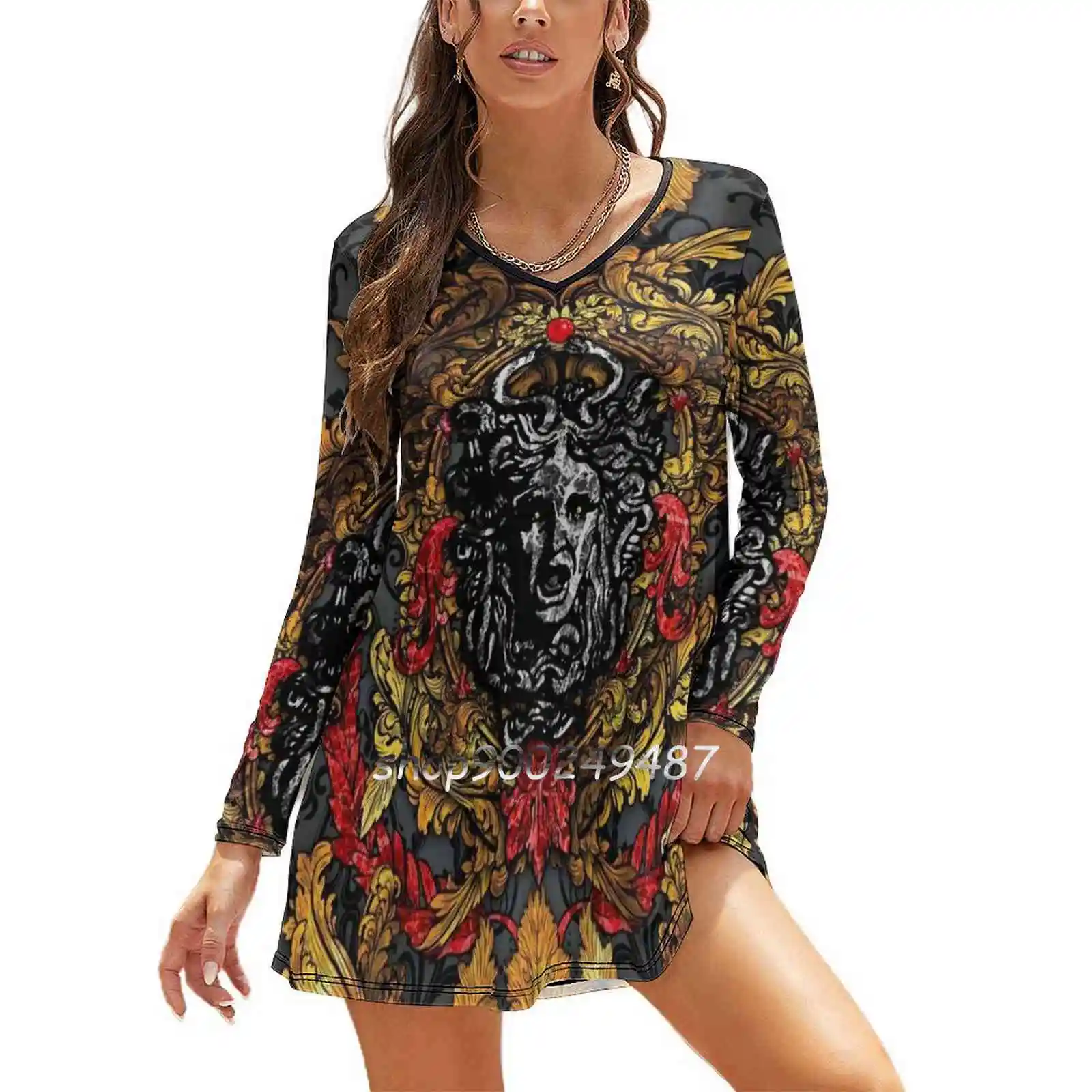 

Ornamented Women Spring Autumn Long Sleeve Dress Female Casual Dress Baroque Gold Goth Gothic Vintage Ornaments Ornamented