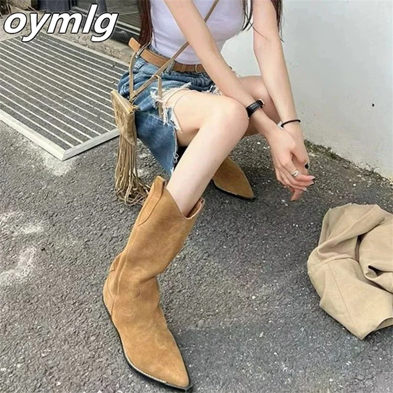 

Light brown pointed toe mid-tube western cowboy style boots knight boots thick mid-heel women's fashion boots tooling boots
