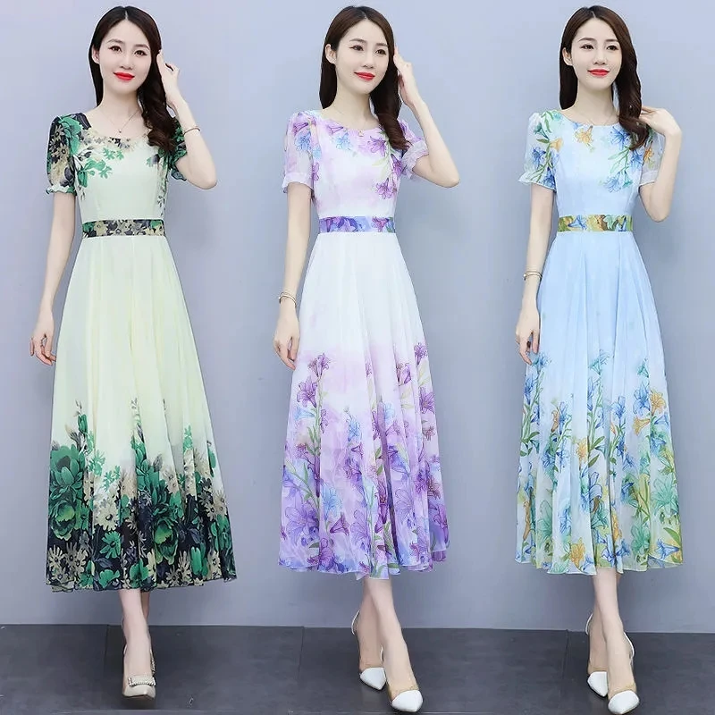 Green Big Swing Chiffon Dress Women's Summer Dress 2023 Fashion Long Slim Floral Dresses Print Short Sleeve A-Line Dress Elegant