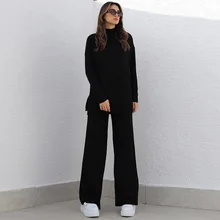  brand knitted women's sets 2 piece outfits solid casual pullover tops high waist long pants 2022 winter oversize sweater suits 