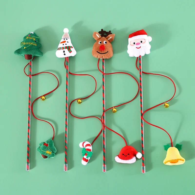 

2-6PCS Christmas Cat Teaser Wand Interactive Cat Feather Bell Toy Teaser Stick Wand Funny Halloween Cat Plush Toys Accessories
