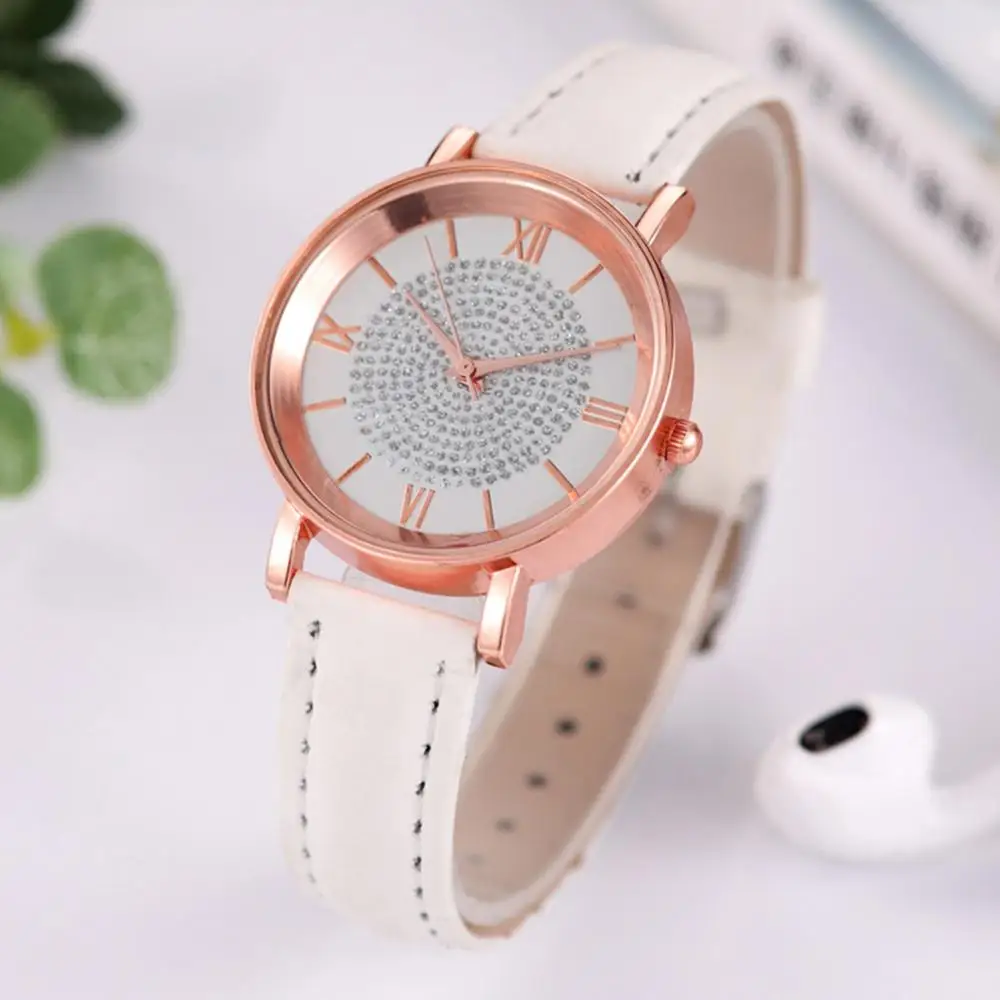 

Women Fashion Rhinestones Inlaid Round Dial Analog Display Quartz Wrist Watch