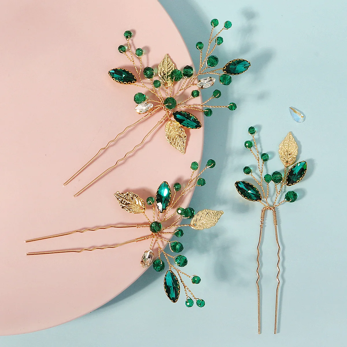 3-teiliges Set Handgefertigte Smaragdgrüne Kristall-Haarnadeln mit Goldblatt, Braut-Kopfschmuck im Waldstil, Haarschmuck für Damen – Detail 8