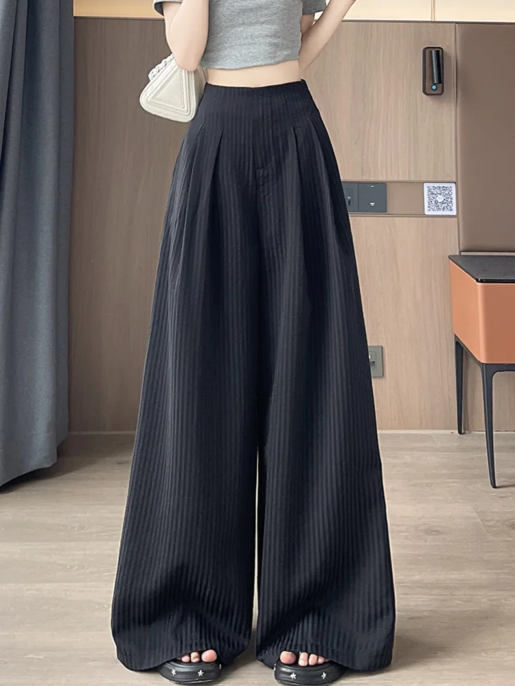 Ice Silk Cotton Linen Striped Wide Leg Pants Women Summer Thin High Waist Drape Casual Straight Floor Length Suit Pants