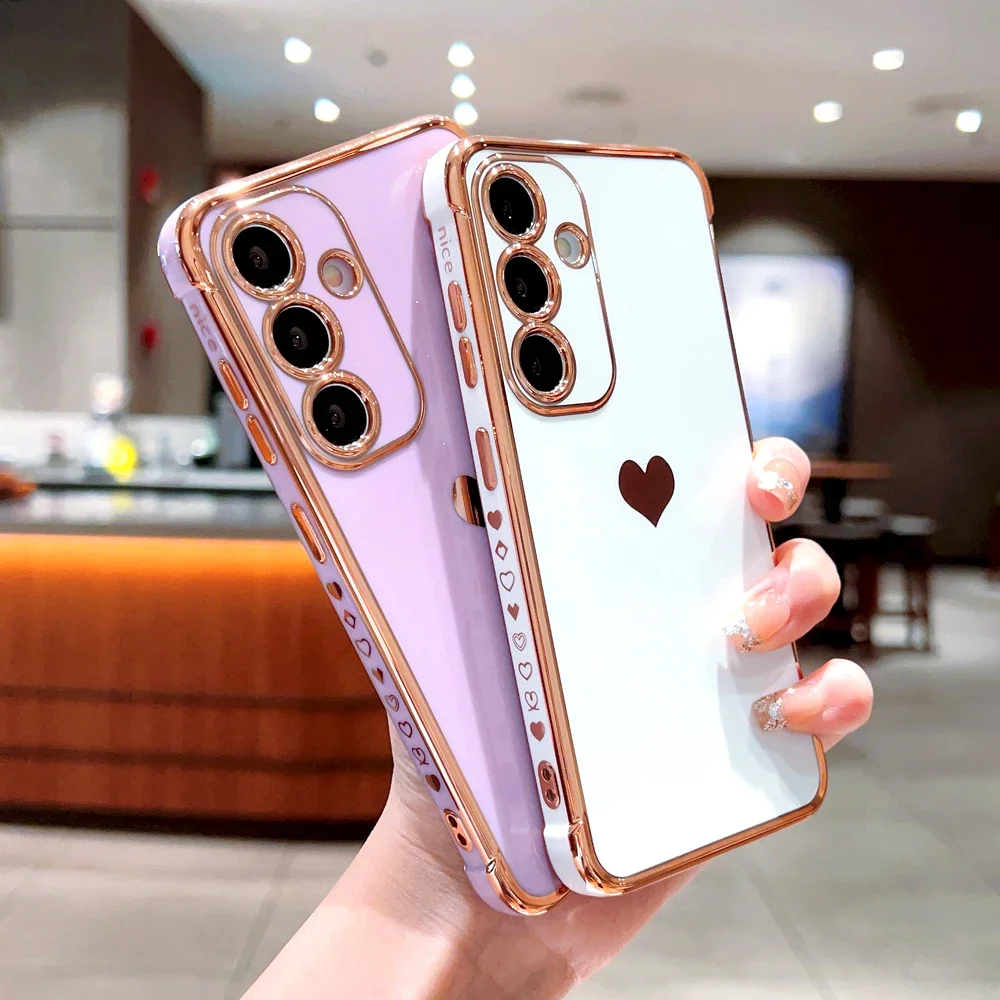 Plating TPU Case For Samsung Galaxy S25 S24 S23 S22 S21 Ultra Plus FE S24FE A56 A55 A15 A35 A16 A54 A53 A52 5G Love Heart Covers