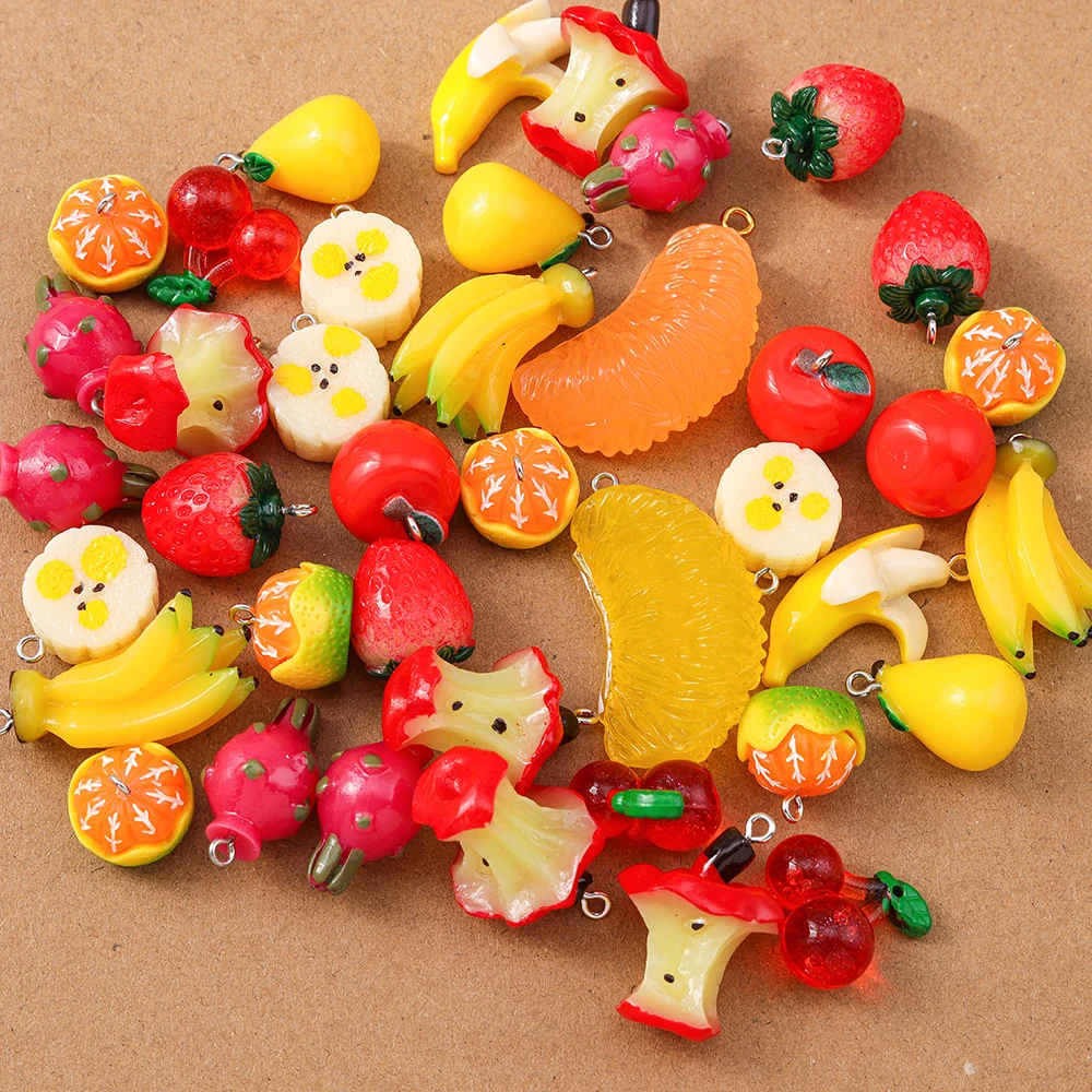 10 Stück zufällige Mischung Harz 3D Obst Charms Apfel Banane Orange Kirsche Anhänger für Schmuckherstellung Ohrringe Halskette DIY Zubehör