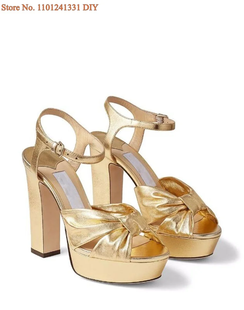 

Gold Metallic Leather Thick Platform Bowtie High Heel Sandals Women Chunky Heeled Waterproof Women's Embellished Dress Shoes