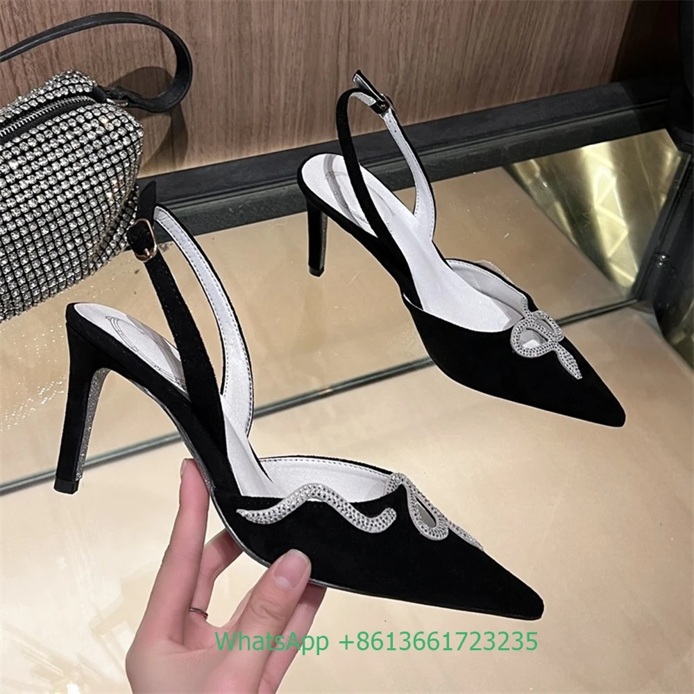 

Serpentine Winding Suede Women Sandals Pointed Toe Stiletto Heel Back Strap High Heels Silver Sole Slingback Fashion Sexy Sandal