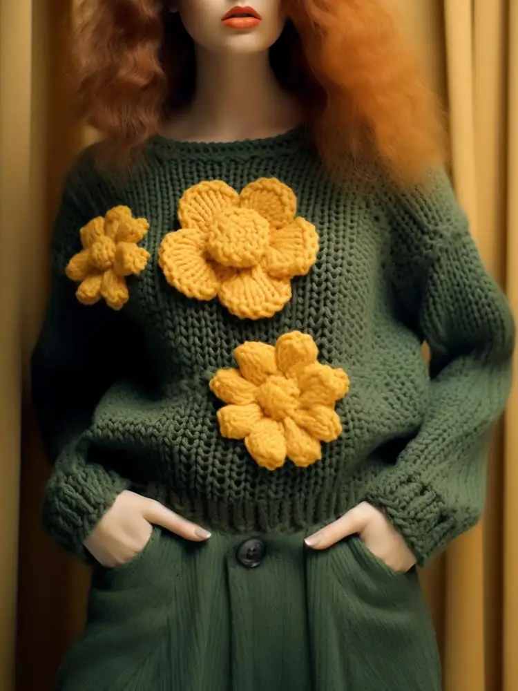 

2024 Spring New Flower Patchwork Y2k Sweater O-neck Knitwear Sweater Women Green Loose Casual Sweet Knitted Jumper Pullover