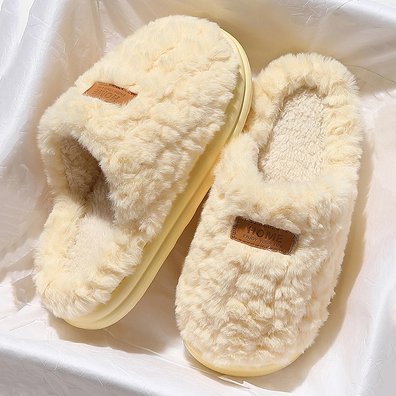 Winter Warm Home Cotton Slippers Women Thick Bottom Non Slip Indoor Fluffy Slides Woman Comfortable Long Plush Home Shoes Mujer