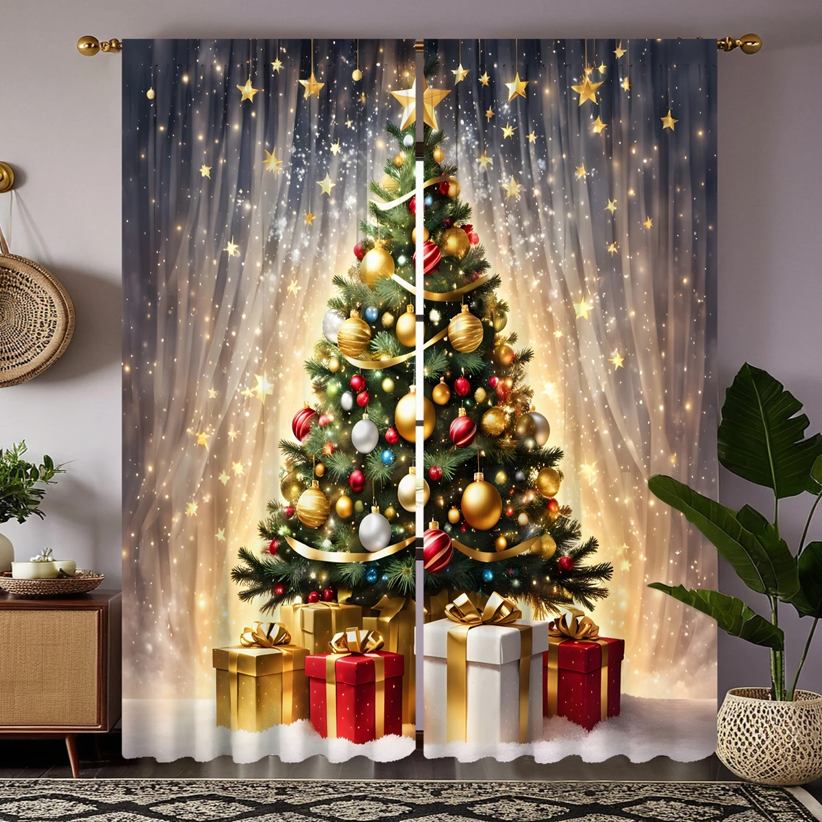 2pcs HD Starlight under Christmas tree gift box decorative curtain Yellow tie digital printed curtain Home decoration style d 2