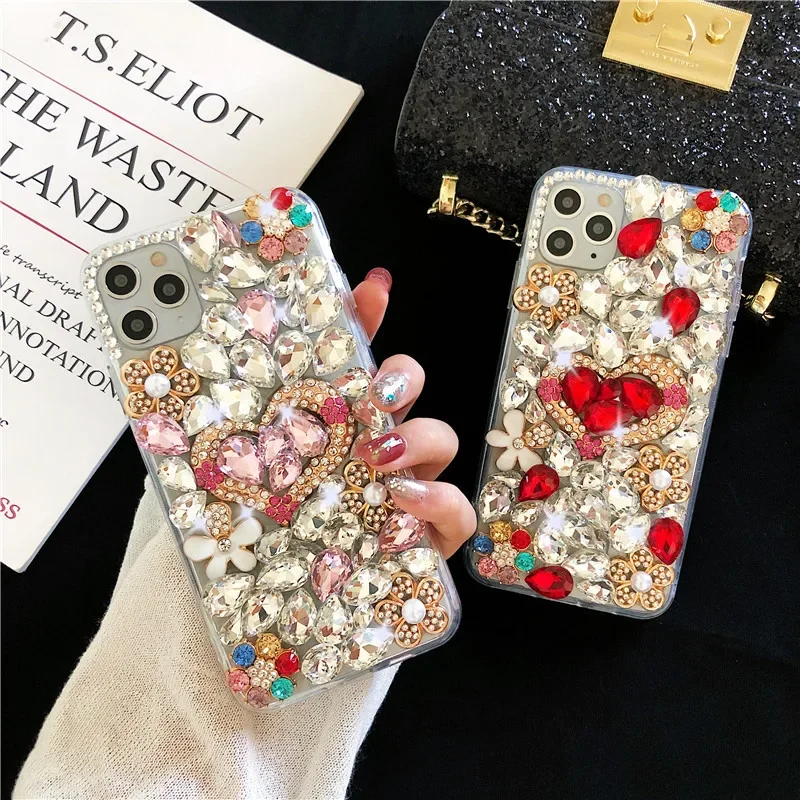 

Cute Rhinestone Love Heart Phone Case for Samsung S23 S22 S21 S20 Ultra A52 A51 A13 A53 A71 A81 Bling Crystal Pearl Flower Cover