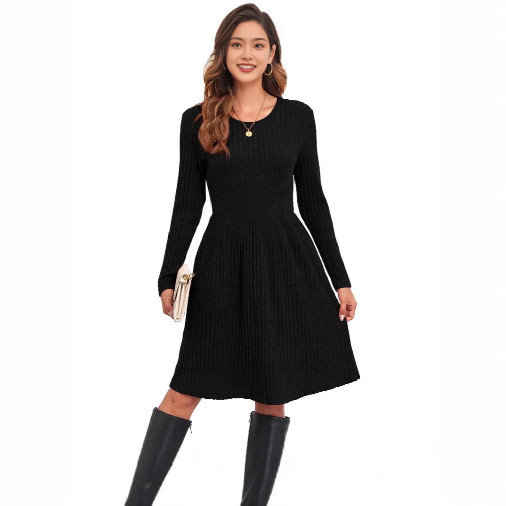 Fashion Striped Knitted Sweater Dress Women Fall Winter O Neck Long Sleeve Casual Pullover Midi Dresses Soft Knit Outfit