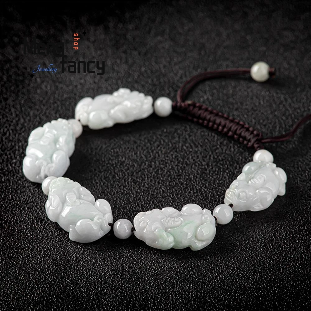 Natural Myanmar A-goods Jadeite Fortune Pixiu Ice Jade Hand-Woven Bracelet Exquisite Handicraft Best Selling Fashion Jewelry