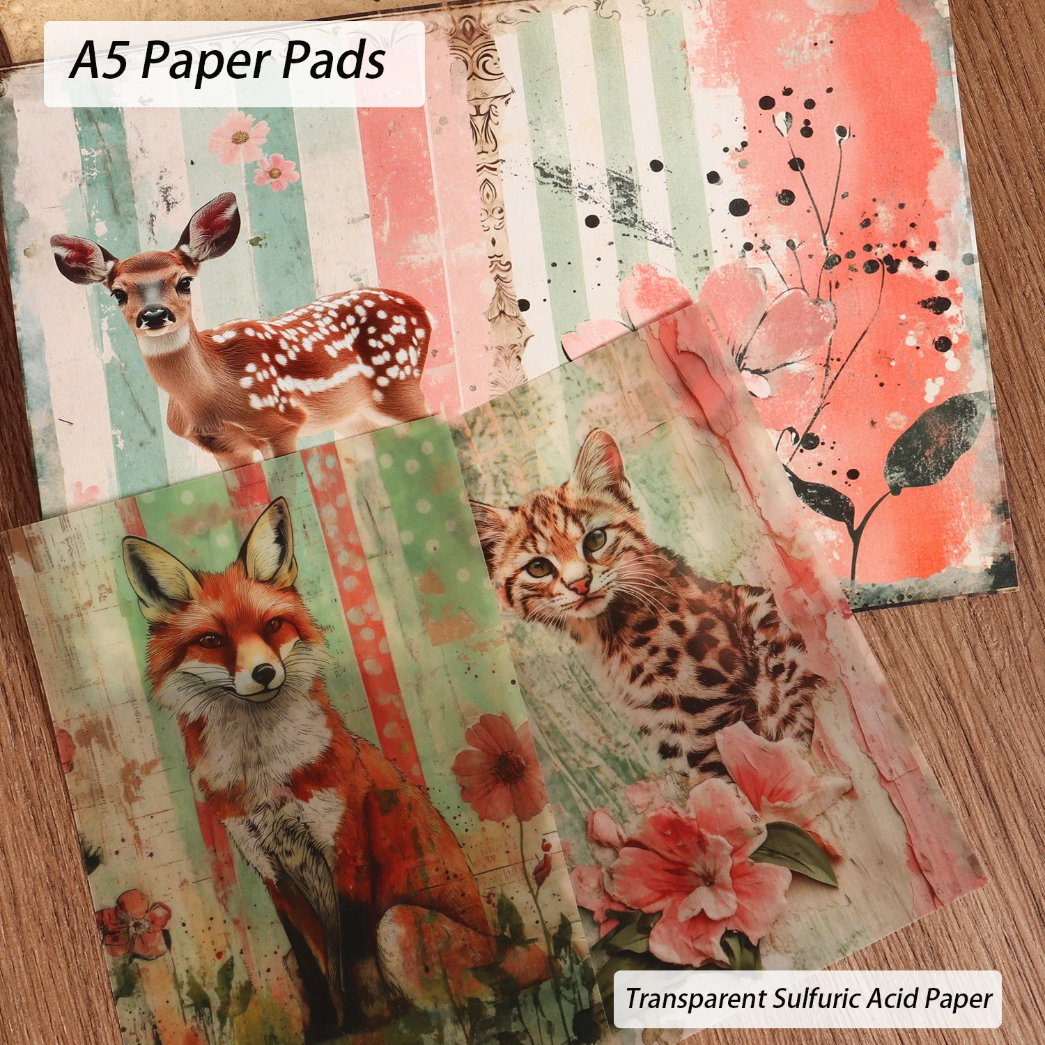 16 Blatt Papier, 8 transparente Schwefelsäurepapiere und 24 Aufkleber, Blumen Tiere DIY Scrapbook Dekorpapier, für Kunsthandwerk – Detail 1