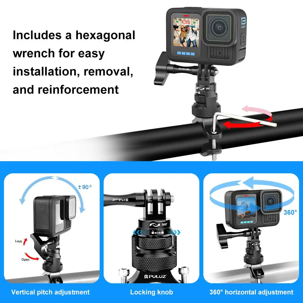PULUZ 360 Degree Rotation MotorBike Aluminum Mount Handlebar Adapter with Screw for GoPro, Insta360, DJI and Other Action Camera