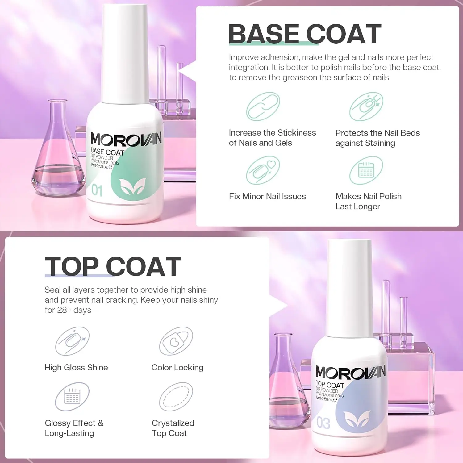 Dip Powder Liquid Set with Activator Base Top Coat and Dipping Powder Brush Saver 4pcs 0.5oz For Dip Nail Kit