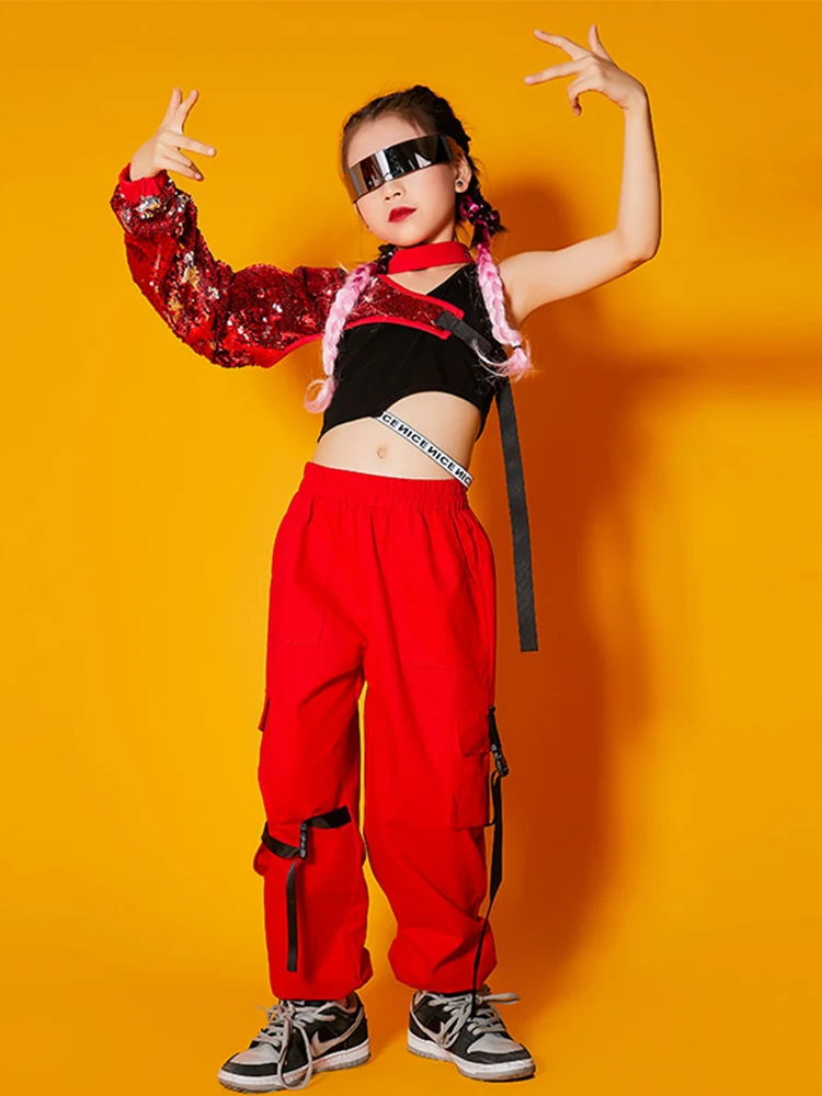 Jazz Costume Girls Hip Hop Dance Clothes Cool Sequin Tops Overalls Pants Red Stage Performance Outfit For Kids Wear BL5891