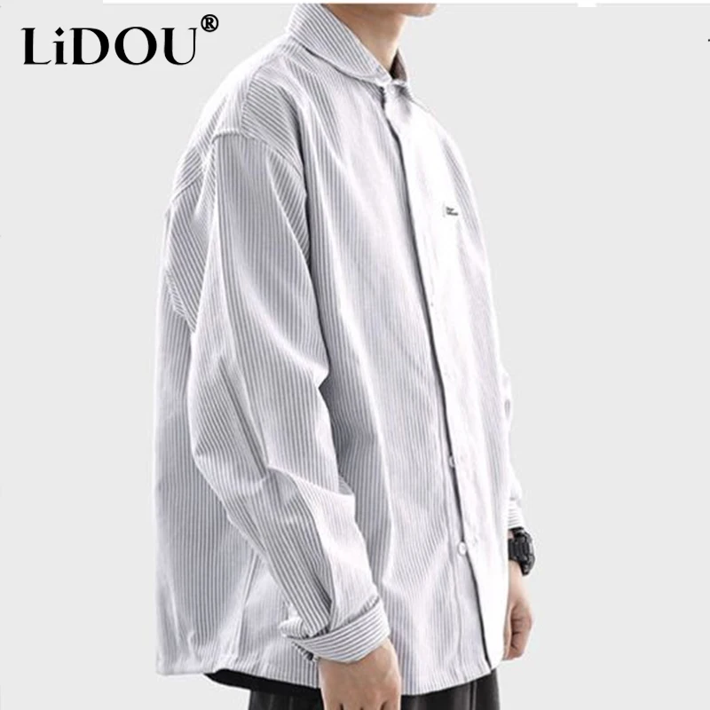 Spring Autumn New Trendy Versatile Handsome Casual Blouse Man Simple All Match Male Shirt Striped Loose Top Men Business Clothes