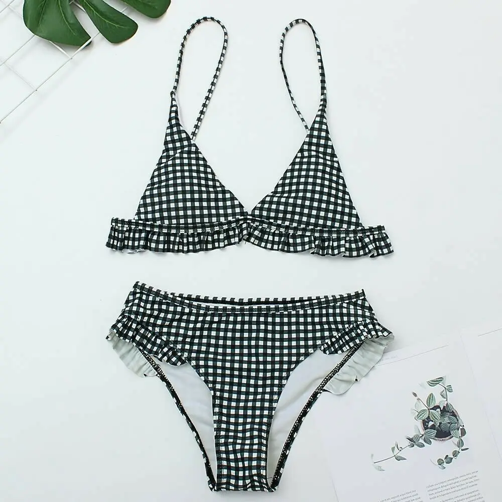 CHRLEISURE Summer Beach Bikini Women Black and White Plaid Lace Suspenders Bikini Close To The Body Bikini Women triangle bikini set