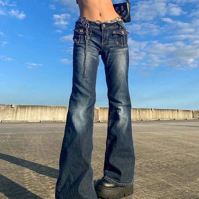Women Hip Hop Denim Pants Jeans Hot Mom Jeans Y2K Vintage Low Waisted Pockets Skinny Flare Pants 2000s Retro Cargo Trousers office skinny spliced stretch flare jeans embroidery elastic high waist denim pants korean fashion trousers ol elegant vaqueros