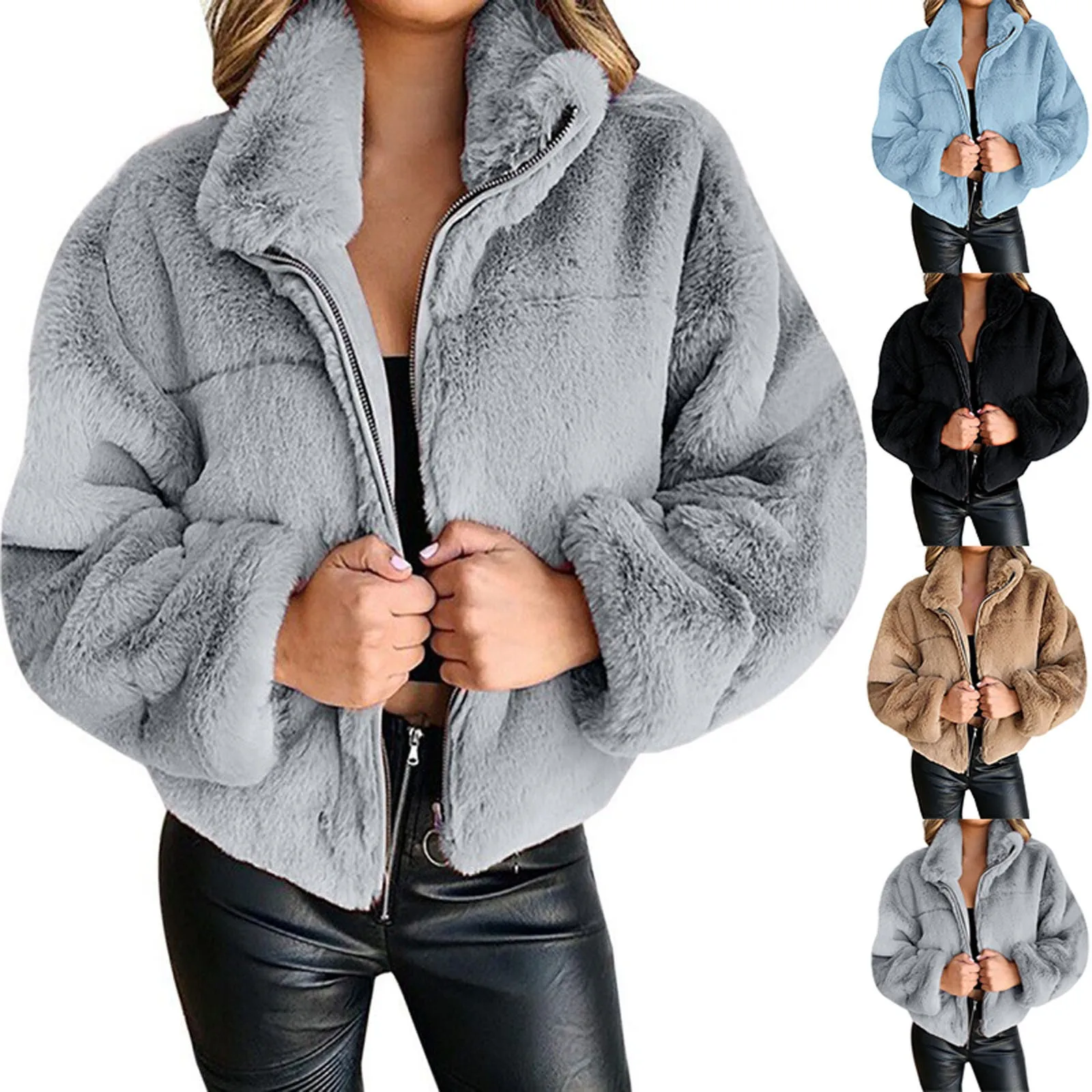 

Winter Coats For Women Fuzzy Fleece Jacket Zipper Hooded Color Block Patchwork Cardigan Plain Tops for Women Cute