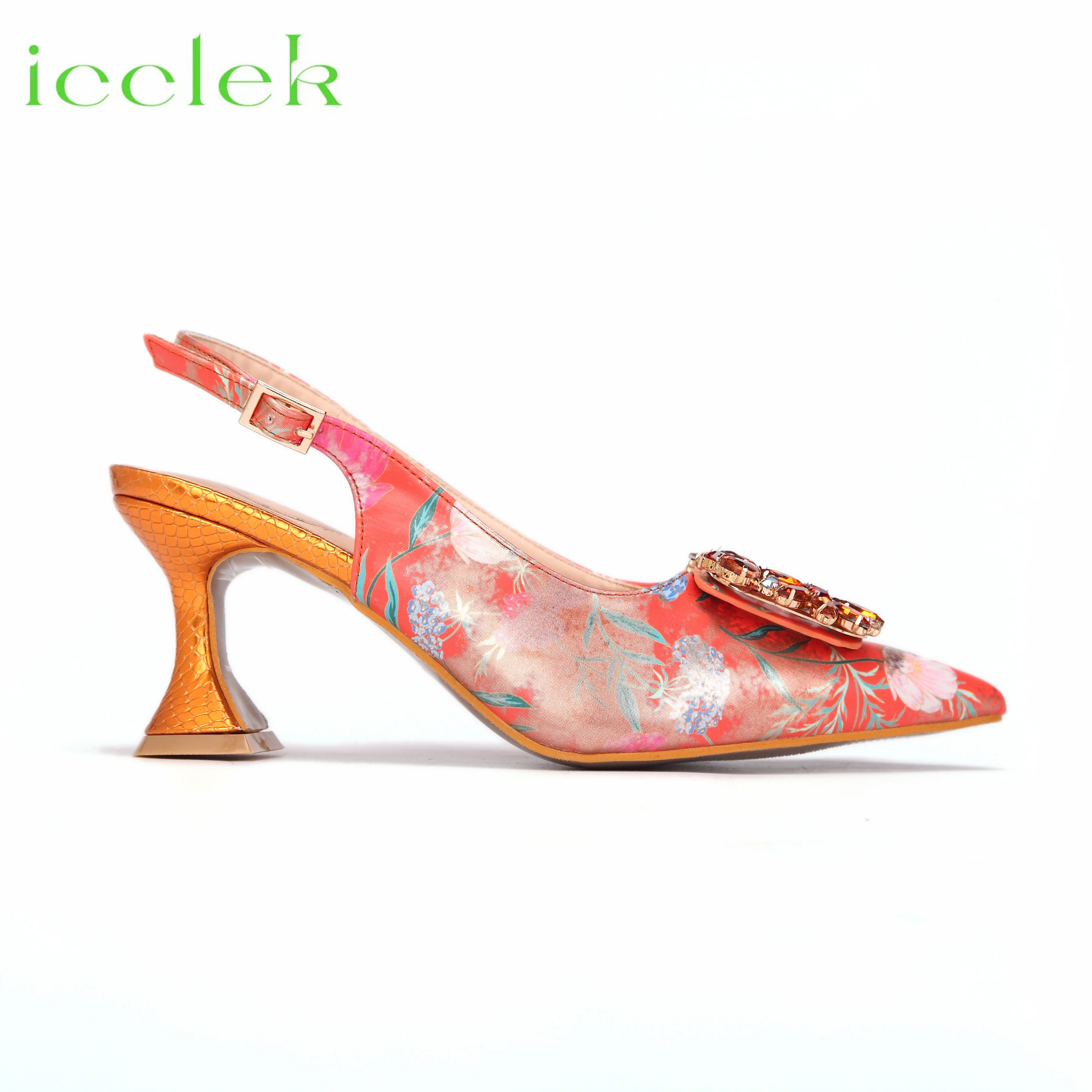 Women High Heels Sandals Printing Flower Material with Rhinestone Italian Design Coffee Color Pointed Toe Shoes and Bags Set