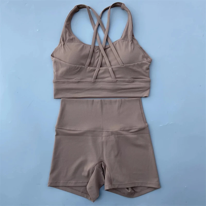 Solid Color Soft Women Gym Yoga Short Set Cross Back Shoulder Strap Gym Bra+High Waist Sport Short Leggings 2pc Tight Sportwear