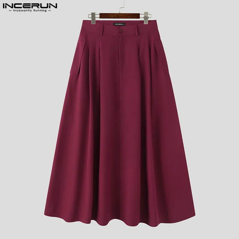 Wide Leg Pants INCERUN Korean Style Men's Simple Casual Solid Pantalons Party Nightclub All-match Wide Leg Skirts Pants S-5XL