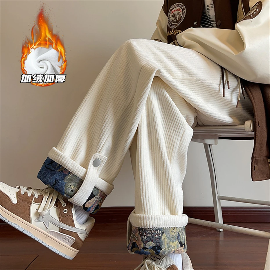 Corduroy Pants Men Warm Autumn Winter Fleece Sweatpants Male Fashion Casual Straight Pants